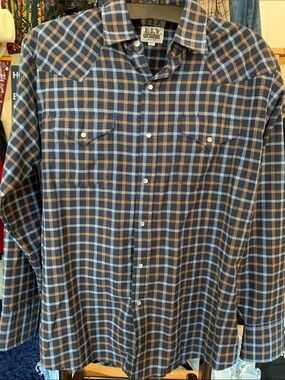 Ely Cattleman Navy and Brown Plaid Western Button-Down Pearlsnap Shirt